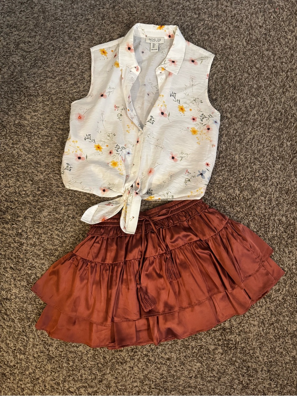 Floral Tie-Front Sleeveless Blouse - Soft White with Satin Skort Set
